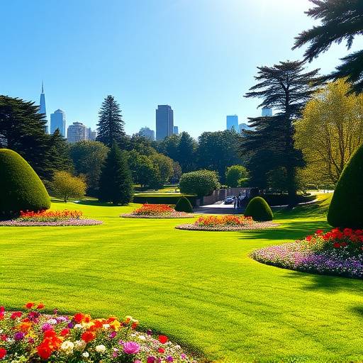 A bright, sunny day in Golden Gate Park with lush green lawns, colorful flower beds, and towering trees.