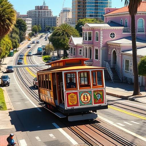 A classic San Francisco cable car climbing a steep hill.