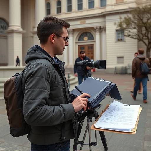 A production assistant holding a stack of film permits outside San Francisco City Hall.