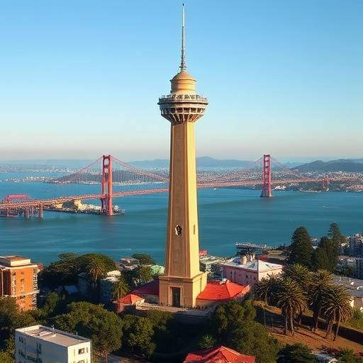 A stunning view of Coit Tower standing majestically against the backdrop of the San Francisco Bay and skyline.