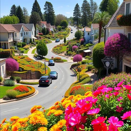 A wide shot of the winding, landscaped section of Lombard Street, filled with colorful flowers and cars navigating the curves.