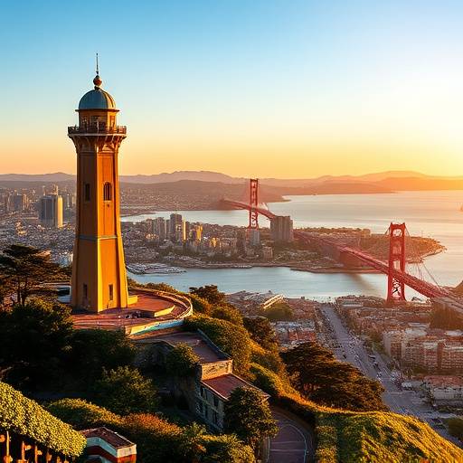 Coit Tower standing tall against a backdrop of the San Francisco Bay.