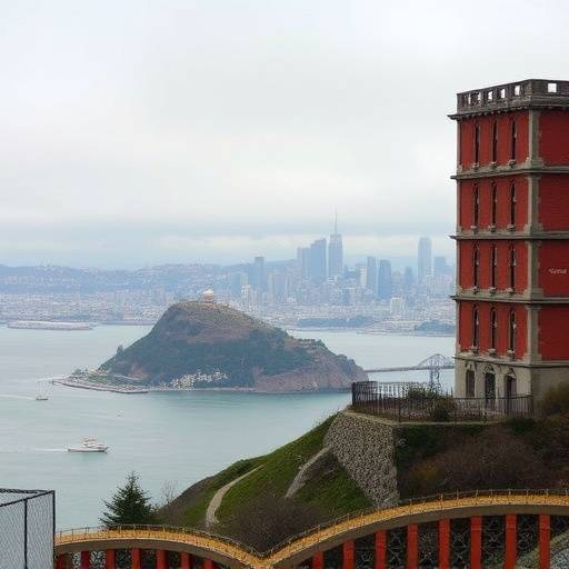 Exterior view of Alcatraz Island prison with the San Francisco skyline in the background.