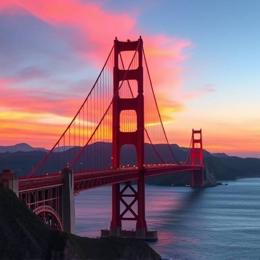 The Golden Gate Bridge at sunset, highlighting its iconic structure and surrounding natural beauty.
